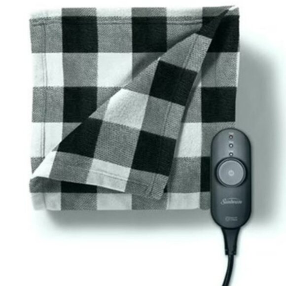 Sunbeam Cozy Fleece Heated Throw in Black and Gray check - Picture 2 of 9